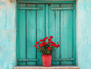 Obraz premium Vibrant Red Roses in a Bright Turquoise Window with Rustic Shutters