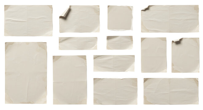Collection of aged paper sheets with torn edges and curled corners.