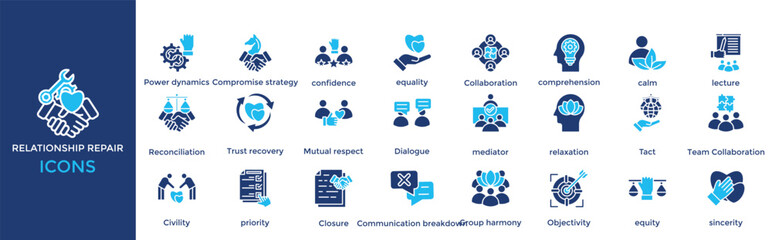 Relationship repair icon set. Containing  Compromise strategy, confidence, equality, Collaboration, comprehension, calm