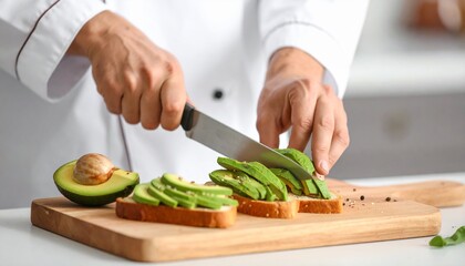 Professional chef carefully slicing fresh green avocado onto crispy golden toast, crafting a healthy and delicious gourmet breakfast or brunch in a bright kitchen setting.