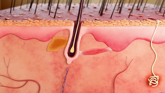 Hair loss, atrophy of hair follicles, damaged hair, oily scalp, increased dandruff, causing many hairs to fall out, bald male before and after hair loss. Shampoo conditioner advertising, 3d animation.