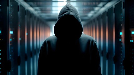 Hacker in hoodie standing in dark server room with cyber security threat concept