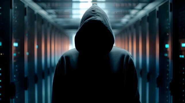 Hacker in hoodie standing in dark server room with cyber security threat concept