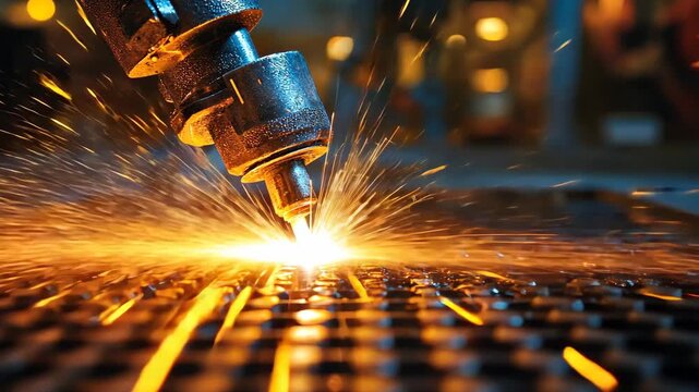 Industrial welding process with sparks flying across metal surface