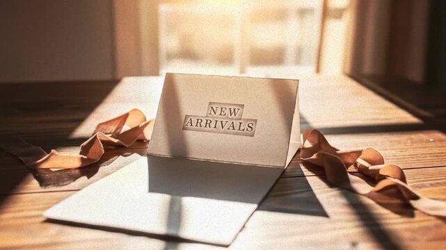 Elegant new arrivals announcement card with ribbon on a wooden table bathed in soft sunlight showcasing fresh product launch and seasonal promotion