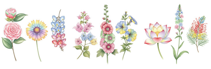 Obraz premium A whimsical watercolor illustration collection of blooming garden flowers, featuring a variety of colorful botanical floral elements.