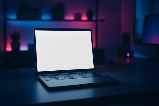 Sleek laptop with a blank screen sits on a desk bathed in atmospheric blue and pink neon light. - Powered by Adobe