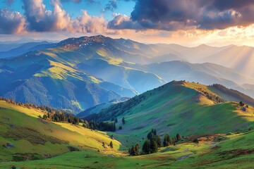 Naklejka premium Sunlight streams across rolling green hills and majestic snow-capped mountains, creating a breathtaking vista of natural beauty and serene tranquility, evoking a sense of wonder.