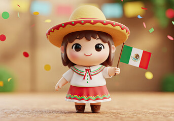 Cute Girl Character holding a small flag Celebrating Mexican Independence Day
