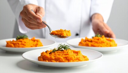 A skilled chef meticulously serves vibrant and healthy mashed sweet potato puree onto white plates, showcasing culinary precision and nutritious meal preparation.