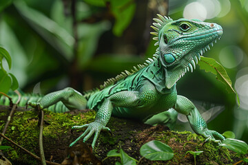 Obraz premium A vibrant Green Plumed Basilisk Lizard perched gracefully on a moss-covered tree branch, surrounded by the dense, 