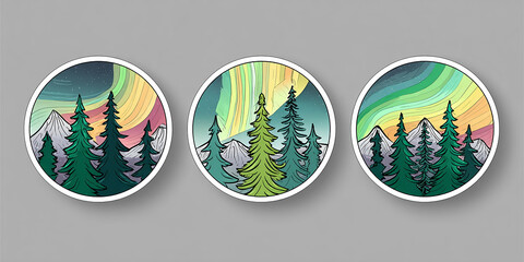 Northern lights illuminating snowy mountains and pine trees in circular stickers