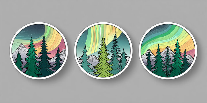 Northern lights illuminating snowy mountains and pine trees in circular stickers