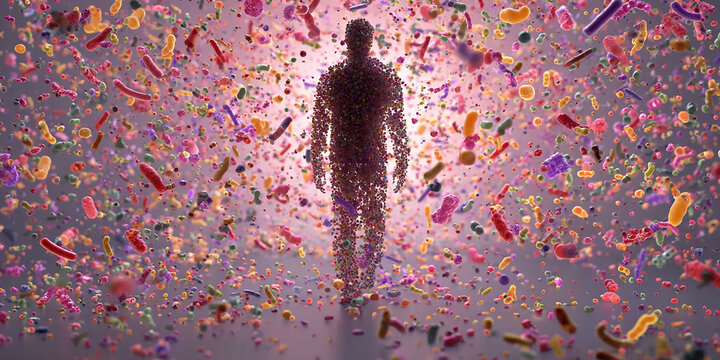Human silhouette made of colorful bacteria walking through microscopic world