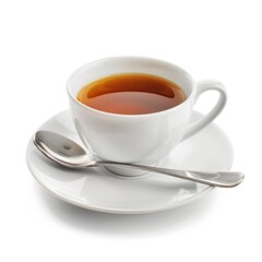 White teacup, filled with amber-brown liquid, beside a spoon on a saucer, isolated on white