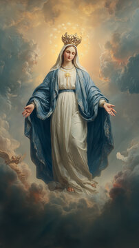 Virgin mary wearing crown standing on clouds with angels appearing nearby