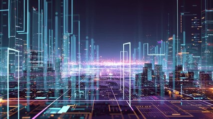 Modern urban landscape with financial analytics concept. A vibrant cityscape illuminated by digital lights and data projections. - Powered by Adobe