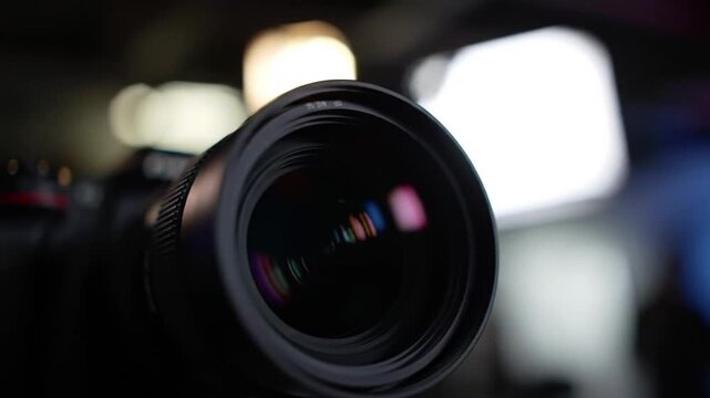 Professional digital camera lens with colorful reflections and soft background lighting in a photography studio setting