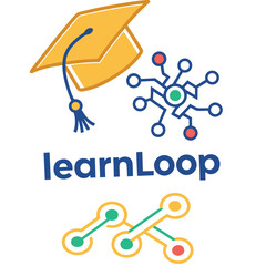 Knowledge Path: A vibrant depiction of 'LearnLoop', combining a graduation cap with digital network and connectivity, signifies endless learning and knowledge sharing.
