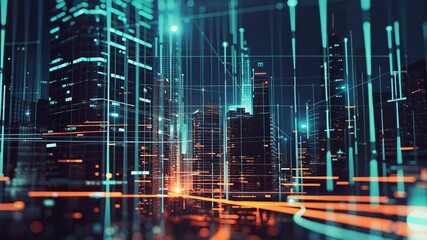 Modern urban landscape with financial analytics concept. Vibrant city skyline with digital elements showcasing data visualization. - Powered by Adobe