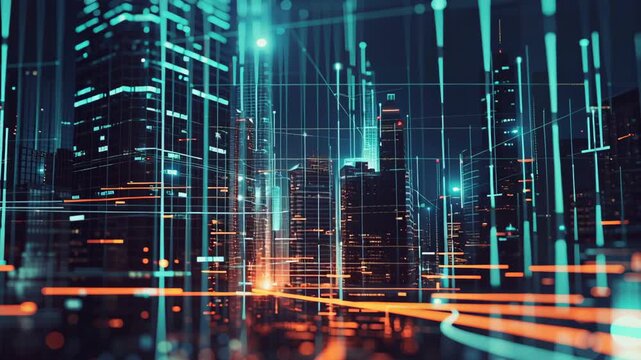 Modern urban landscape with financial analytics concept. Vibrant city skyline with digital elements showcasing data visualization. - Powered by Adobe