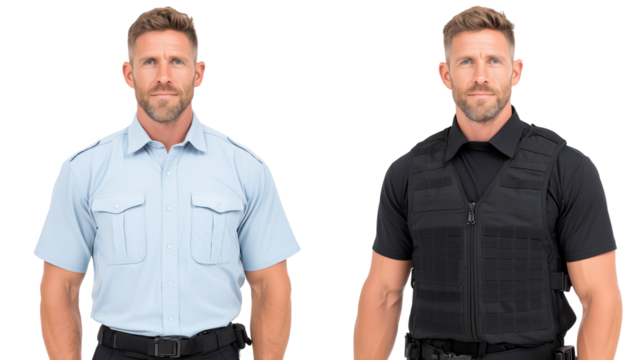 Man wearing light blue shirt and tactical vest