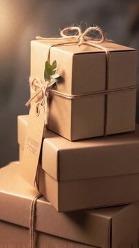 Stack of Brown Paper Gift Boxes with Twine and Autumn Specials Tag for Fall Promotions and Seasonal Offers