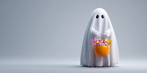 Friendly ghost holding a pumpkin basket full of candy for trick or treat