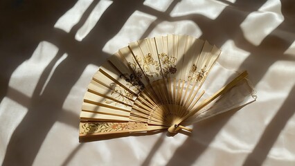 Traditional Bamboo Hand Fan with Shadow Play – Minimalist Aesthetic Stock Photo