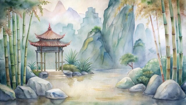 Song Dynasty Scholar&rsquo;s Garden Watercolor with Bamboo, Rocks, Pavilion &ndash; Prints, Stationery, Illustrations, Backgrounds