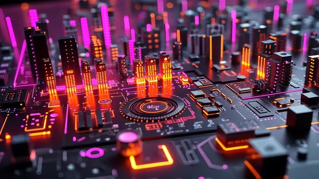 High tech motherboard cityscape placed with towering circuit board structures illuminated orange magenta neon lights for evoking digital technology data processing future computing concept - Powered by Adobe
