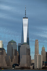 City Skyline with Modern Skyscrapers Across Waterfront Harbor