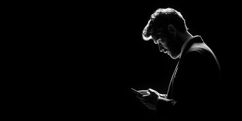 Businessman using smartphone in dramatic low key lighting