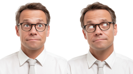 Man with glasses looking in two directions