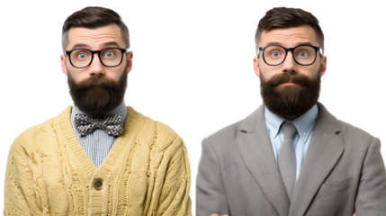 Man with glasses in cardigan and suit