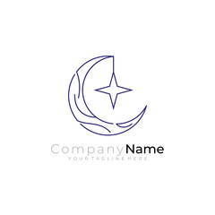 moon and star logo design with line style in blue color