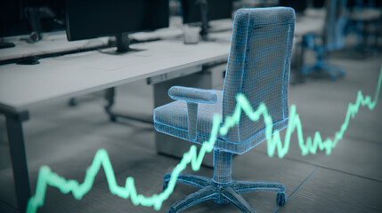 A transparent, wireframe chair sits in an office with a fluctuating glowing stock market graph overlay.
