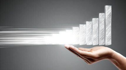 A hand holds a glowing white bar graph that emits streaks of light, representing fast, accelerating growth.