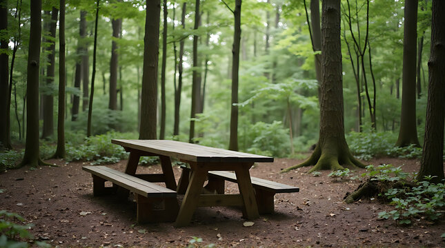 Secluded picnic area with wooden table and benches in a dense forest for recreation