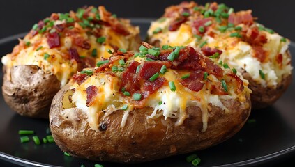 Three loaded baked potatoes with cheese bacon and chives on a black plate cheddar