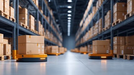 high-tech warehouse with automated freight robots, import-export concept, Europe-USA connection