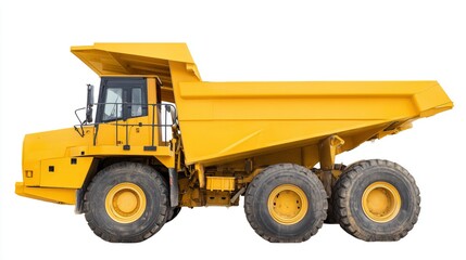 Obraz premium Yellow dump truck side view isolated on white background, commercial stock image