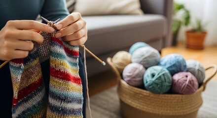 hands knitting with colorful yarn balls, symbolizing creativity, craft, and handmade fashion, red, clothing