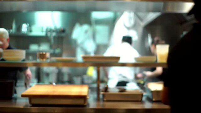 A busy commercial kitchen with chefs preparing food behind a service counter.