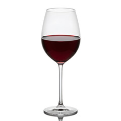 Elegant crystal wine glass filled with rich dark red wine reflecting light.