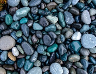 Polished pebbles in green, blue, and gray tones, blending glossy and matte textures in a natural arrangement.
