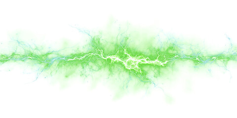 Green lightning and magic effect on white or transparent background. flash of light. neon glow. thunder. design element.
