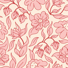 Charming seamless flower pattern in soft pink hues, perfect for textiles or wallpapers. Adds a natural, romantic vibe to home decor or craft projects. Elegant, repeatable design.