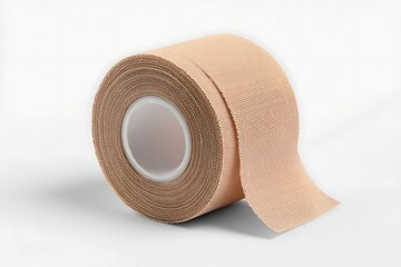 Unrolling beige cohesive elastic bandage tape on a white background medical health