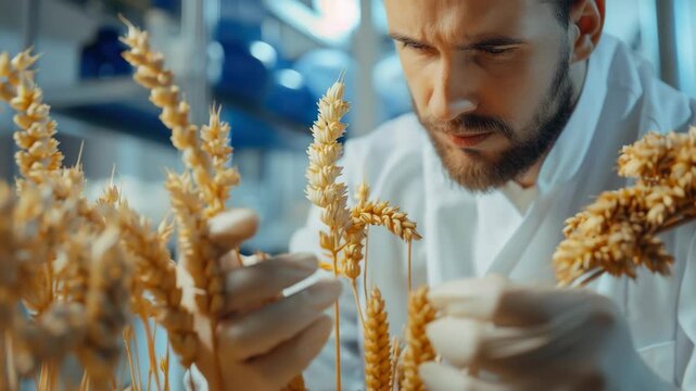 Scientist studying the structure of wheat seeds under a microscope.